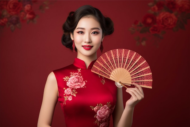 bonne année chinoise asiatique femme portant une robe moderne cheongsam tenant un ventilateur à la main