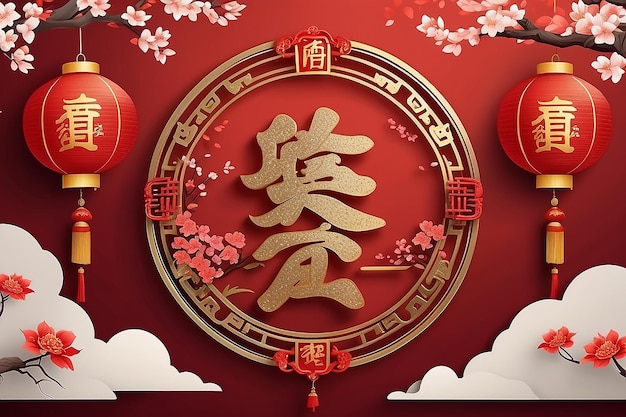 Bonne année chinoise écrite en hanzi sur un couplet de printemps avec des lanternes rouges et un fond brillant bokeh