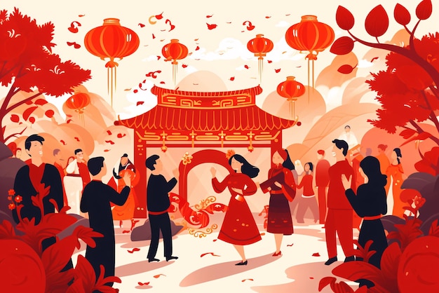 Bonne année chinoise Groupe de personnes homme et femme célèbrent la fête à la porte du temple