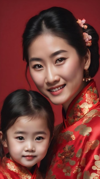 Bonne année chinoise mère et fille asiatiques portrait isolé sur fond rouge