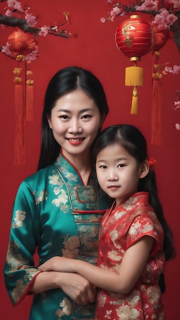 Bonne année chinoise mère et fille asiatiques portrait isolé sur fond rouge