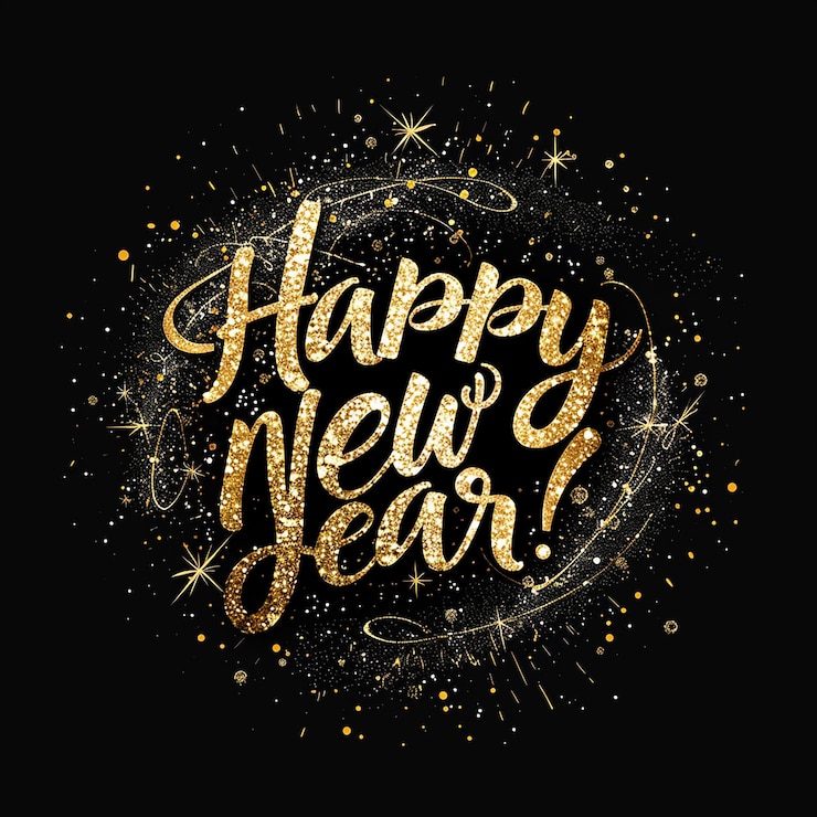 Photo bonne année, citation en scintillement doré sur fond noir.