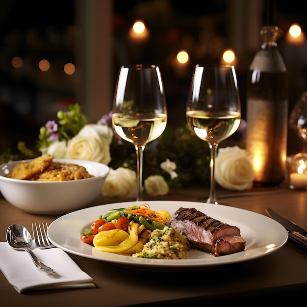 Bonne année avec du vin blanc et du champagne et un repas de luxe éclairage extérieur lumière du jour