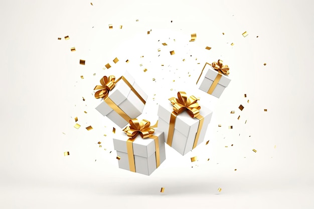 Bonne année et joyeux Noël 2024 boîtes cadeaux blanches avec des nœuds dorés et des paillettes d'or confetti sur fond blanc