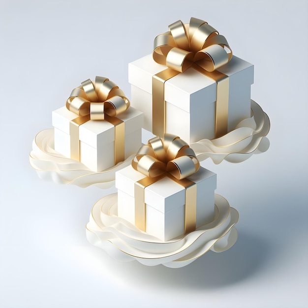 Bonne année et joyeux Noël boîtes cadeaux blanches avec des nœuds dorés et des confettis en paillettes dorées