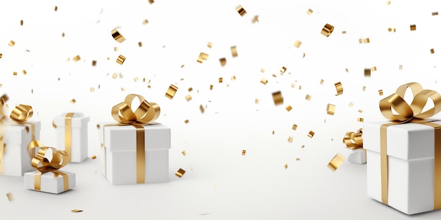 Bonne année et joyeux Noël boîtes cadeaux blanches avec des nœuds d'or et des paillettes Generative Ai