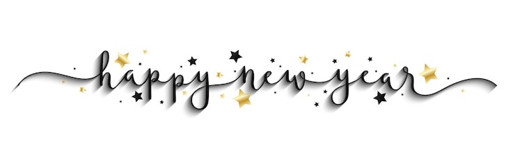 Photo bonne année noire et dorée, pinceau vectoriel, bannière de calligraphie avec des swashes et des étoiles.