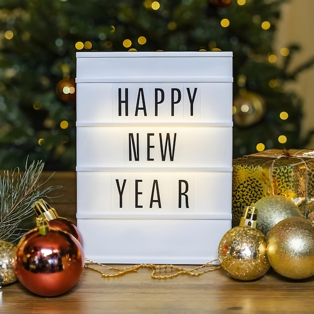 Bonne année texte sur papier blanc carte de vœux debout décor de Noël