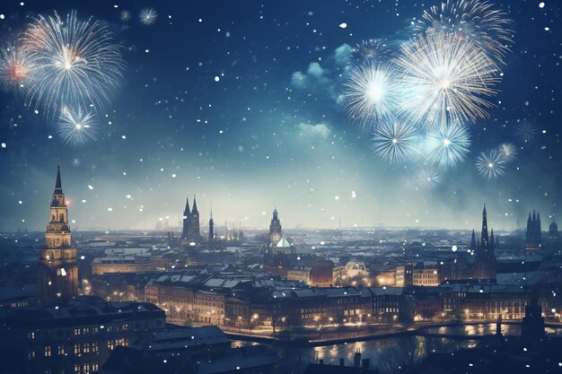 Photo bonne année, ville enneigée avec des feux d'artifice.