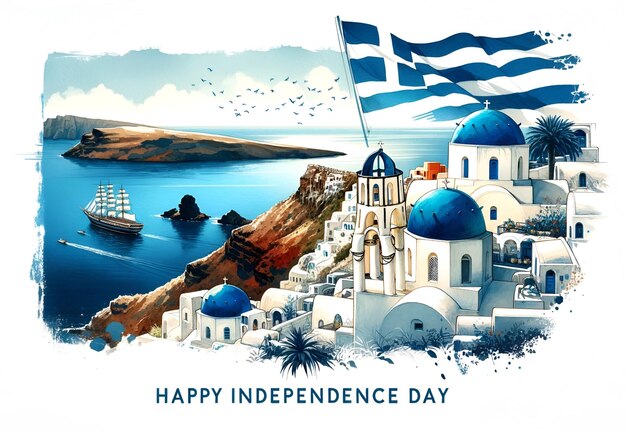 Bonne carte du jour de l'indépendance en aquarelle avec un drapeau grec agité et une église au dôme bleu