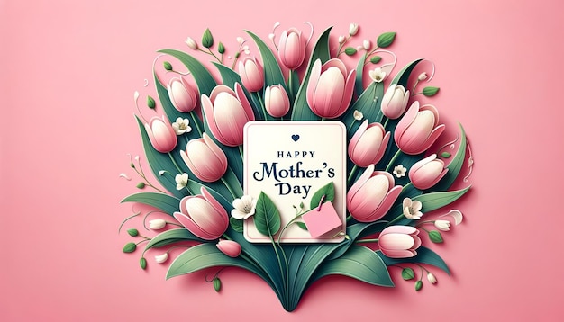 Bonne carte de la fête des mères entourée de fleurs sur un fond rose doux
