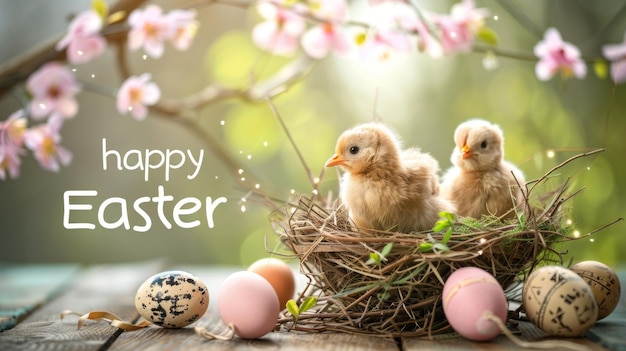 Bonne carte postale de salut de Pâques avec un nid avec des poussins sur fond de bois