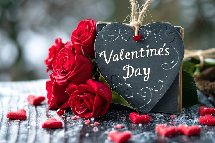 Photo bonne carte de la saint-valentin avec une forme de cœur en bois noir fait à la main et un texte blanc élégant design vintage romantique avec de la neige et des fleurs de rose concept d'amour et de romance de vacances