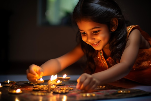 Bonne carte de vœux de Diwali montrant une belle fille indienne tenant un diya ou une lampe à huile en terre cuite