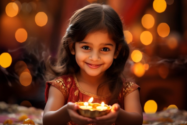 Bonne carte de vœux de Diwali montrant une belle fille indienne tenant un diya ou une lampe à huile en terre cuite