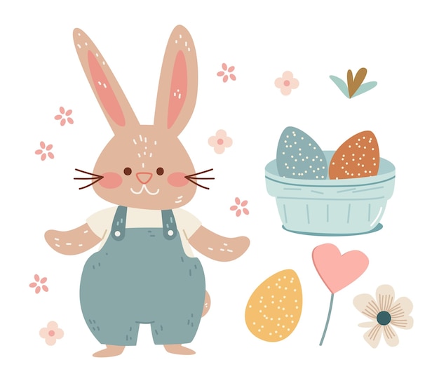 Bonne carte de vœux de Pâques avec des œufs de lapin et des fleurs de printemps couleurs pastel carte de célébration de vacances