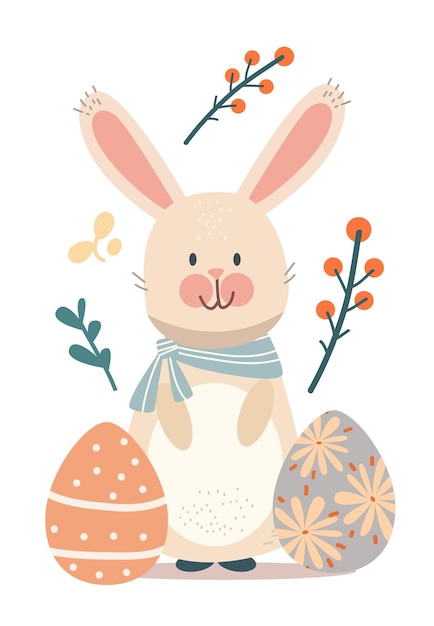 Bonne carte de vœux de Pâques avec des œufs de lapin et des fleurs de printemps couleurs pastel carte de célébration de vacances