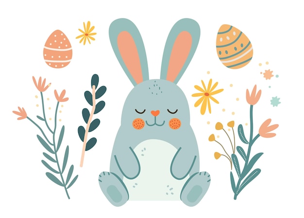Bonne carte de vœux de Pâques avec des œufs de lapin et des fleurs de printemps couleurs pastel carte de célébration de vacances