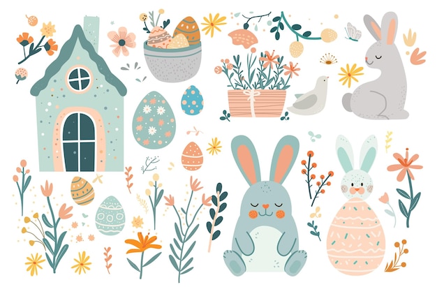Bonne carte de vœux de Pâques avec des œufs de lapin de maison et des fleurs de printemps couleurs pastel carte de célébration de vacances