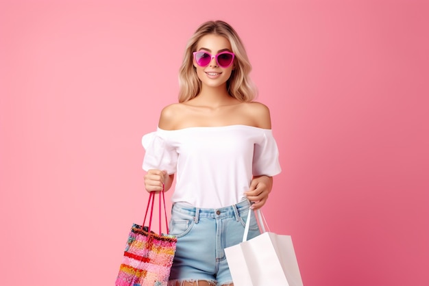 bonne dame en lunettes de soleil debout avec des sacs de shopping colorés dans les mains sur fond rose vous