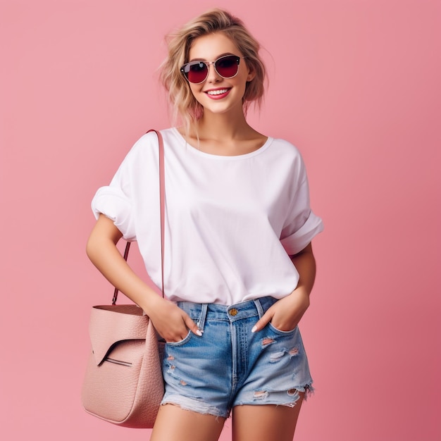 bonne dame en lunettes de soleil debout avec des sacs de shopping colorés dans les mains sur fond rose vous