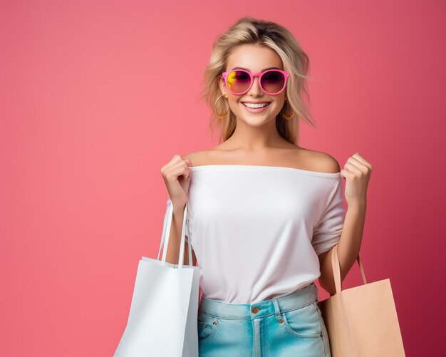 bonne dame en lunettes de soleil debout avec des sacs de shopping colorés dans les mains sur fond rose vous