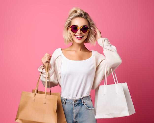 bonne dame en lunettes de soleil debout avec des sacs de shopping colorés dans les mains sur fond rose