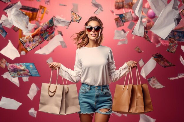 Photo bonne dame en lunettes de soleil debout avec des sacs de shopping colorés dans les mains sur fond rose