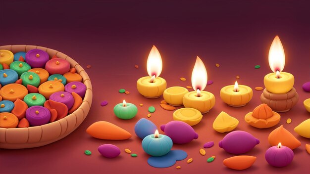 Bonne Diwali arrière-plan coloré décoré avec une lampe à bougie et Diya pour bannière et carte de vœux