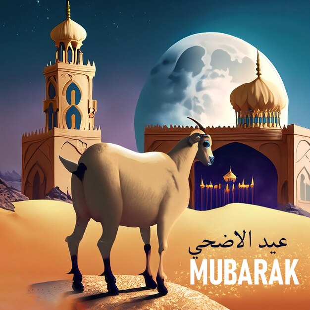 Bonne Eid al adha bannière sur les réseaux sociaux avec désert et mosquée