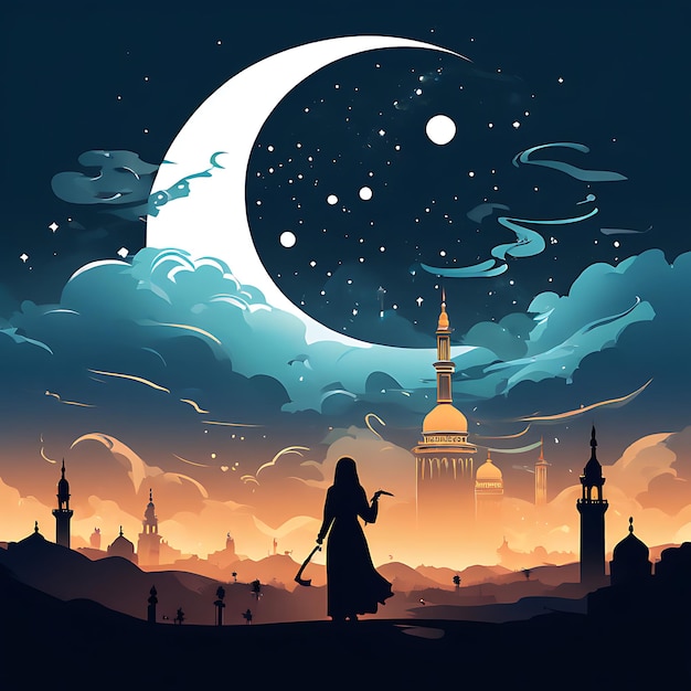 Bonne Eid Mubarak calligraphie avec gravure creuse de lune sur fond bokeh doré Illustration