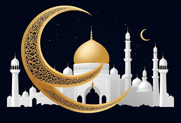 Bonne Eid Mubarak calligraphie avec gravure creuse de lune sur fond bokeh doré Illustration