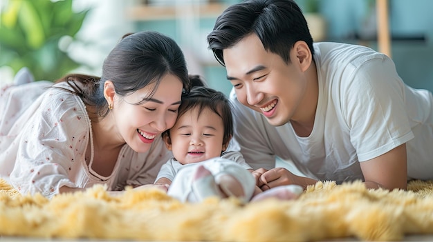 Bonne famille asiatique, mère, père et fille, faisant un jeu de sommeil amusant dans le salon, à l'arrière-plan de la maison