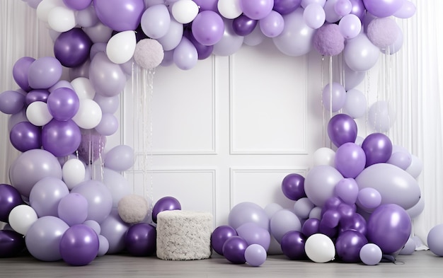 Bonne fête d'anniversaire sur fond avec des ballons violets et blancs avec des rideaux