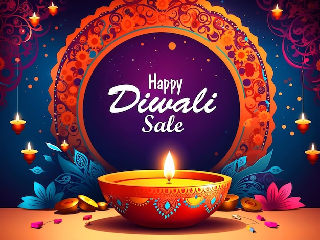 Photo bonne fête de diwali décoration rangoli avec diya ou lampe