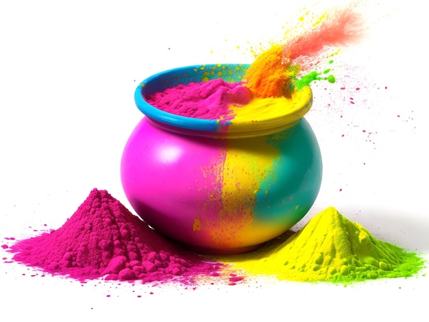 Photo bonne fête du holi, éclaboussure de gouache, pot et poudre colorés.