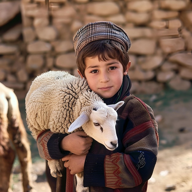 Bonne fête d'Eid al-Adha Mubarak avec le portrait d'un petit garçon avec des moutons