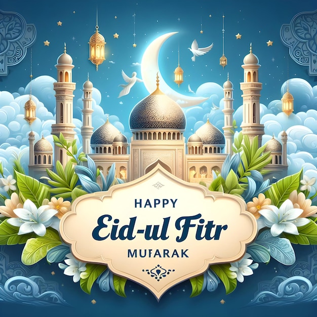 Photo bonne fête d'eid mubarak concept de conception de carte de célébration de la bannière réaliste flyer poster 2024