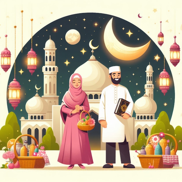 Bonne fête d'Eid Mubarak avec un couple musulman et une mosquée