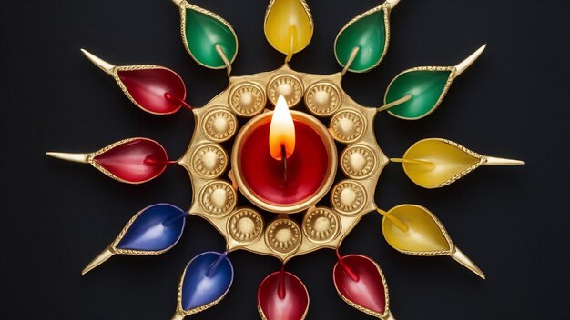 Photo bonne fête hindoue de diwali une lampe à huile traditionnelle colorée diya sur noir