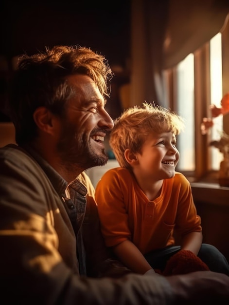 Photo bonne fête des pères père et fils souriant joyeusement ia générative