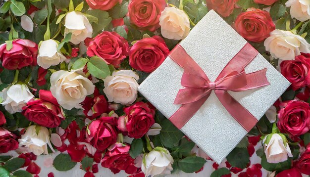 Bonne fête de la Saint-Valentin bannières vue supérieure sur la boîte cadeau et l'arc avec une belle toile de fond de roses