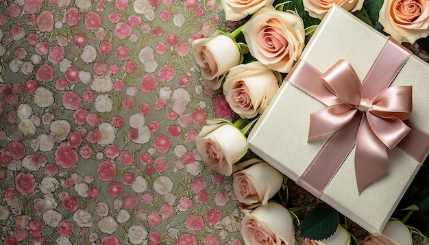 Bonne fête de la Saint-Valentin bannières vue supérieure sur la boîte cadeau et l'arc avec une belle toile de fond de roses