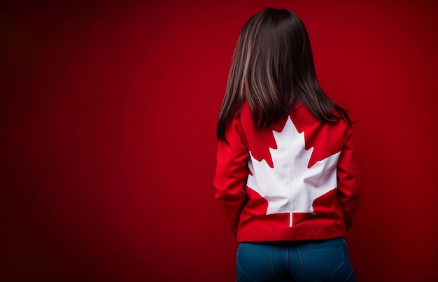 Bonne fille de bannière de la fête du Canada portant une chemise du Canada sur un espace de copie de fond rouge