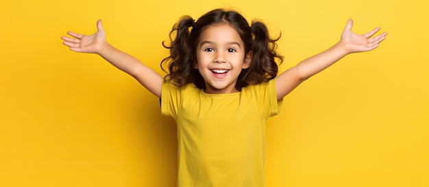 Bonne fille blanche pleine d'espoir en chemise verte sur fond jaune avec les mains ouvertes copie espace