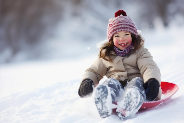 Bonne fille faisant de la luge à l'extérieur par une claire journée d'hiver AI générative