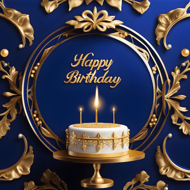 Bonne journée carte de vœux avec gâteau et cadre doré sur fond bleu.