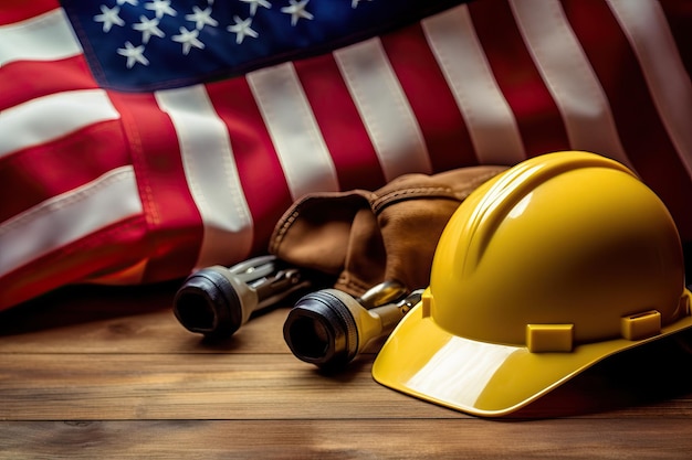 Photo bonne journée du travail américain concept drapeau américain et chapeau jaune de travail avec un outil différent