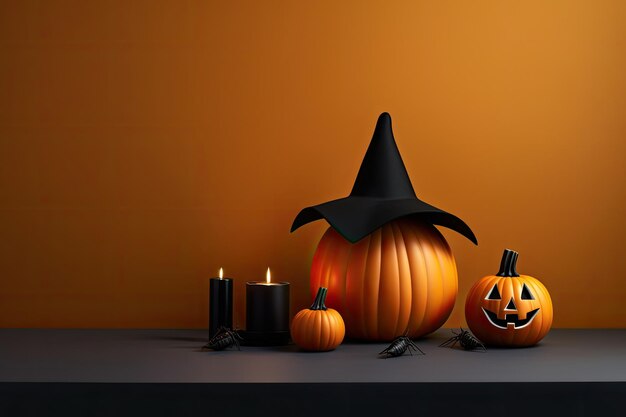 Bonne journée d'Halloween avec un décor minimal pour une fête avec des citrouilles et des bougies avec Generative Ai