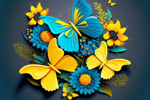 Bonne journée ludique composition de papillons bleus jaunes et de fleurs